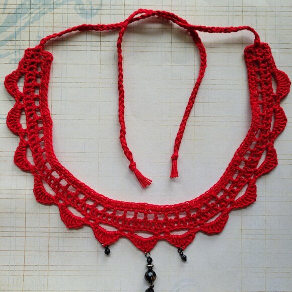 Repurposed Vintage Jewelry on Hand Crafted Crochet Boho / Goth Choker Necklace - Picture 2 of 4